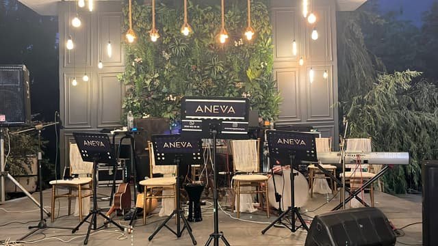 Aneva nota sehpalarıyla hazırlanmış orkestra sahnesi; yeşil duvar ve sarkıt aydınlatma